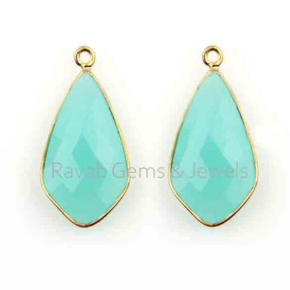 13x23mm Aqua Chalcedony Faceted Kite Shape Briolette Gemstone, Gold Plated 925 Sterling Silver Charm, Lovable Pendant Charm Connector 2 Pcs