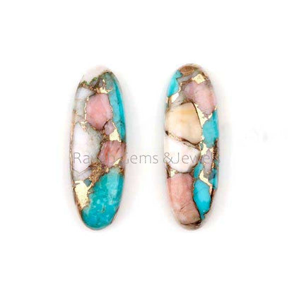 10x30mm Pink Opal Copper Turquoise Long Oval Shape Flat Back Cabochon Gemstone, Smooth Calibrated Jewelry Stone Beads 2 Pcs Set