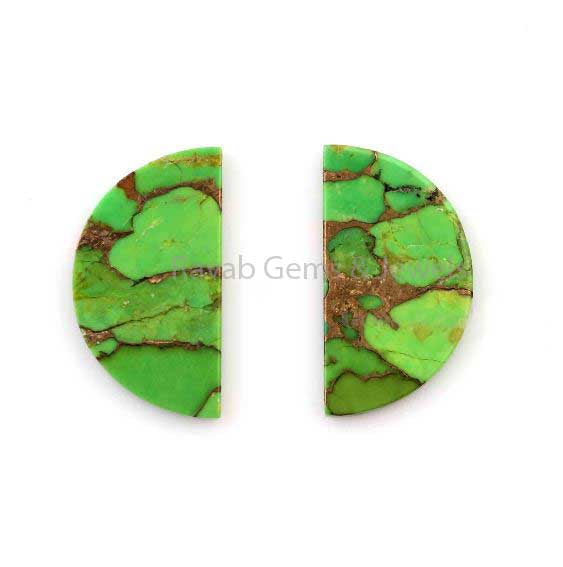 Green Copper Turquoise 'D' Half Moon Shape Flat Gemstone For Jewelry, Loose Beads Calibrated Stone For Matching Jewelry Earring 2 Pcs Set