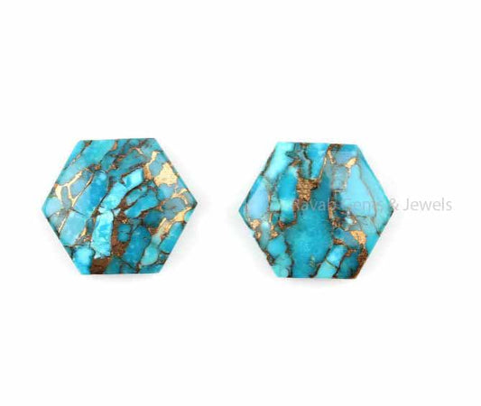 Blue Copper Turquoise Hexagon Shape Gemstone, Loose Beads Faceted Calibrated Cabochons Pair Earring Matching Stones 2 Pcs Set Available