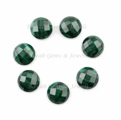 Natural Malachite Round Flat Back Faceted Cabochons Gemstone | Loose Beads Calibrated Stone For Jewelry Earring Ring Pendant 5 Pcs Set