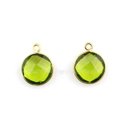 Peridot Quartz Round 12mm Faceted Briolette Gemstone Gold Plated 925 Sterling Silver Charm Connector, Beautiful Pendant Charms 2 Pcs Set