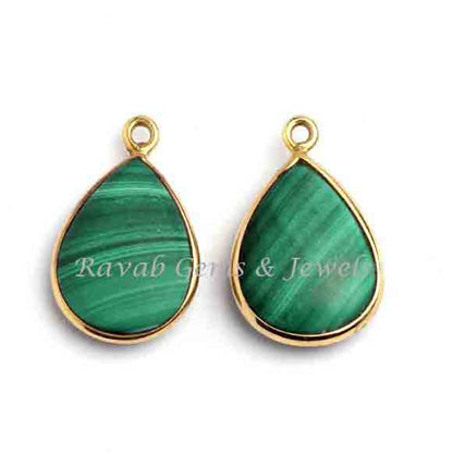 Natural Malachite Pear Shape 12x16mm Smooth Briolette Gemstone Gold Plated 925 Sterling Silver Charms For Jewelry Pendant Making 2 Pcs Set