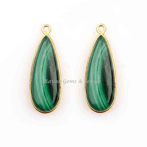 Natural Malachite Long Pear Shape 10x30mm Smooth Briolette Gemstone, Gold Plated 925 Silver Charm For Jewelry Making, Lovely Charms For Gift