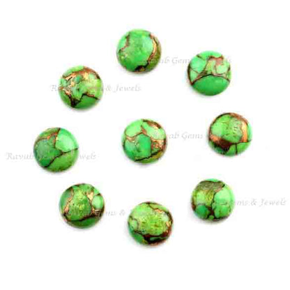 Green Copper Turquoise Round Shape Smooth Calibrated Cabochons Gemstone, Loose Beads Semi Precious Stone For Jewelry Earrings 2 Pcs