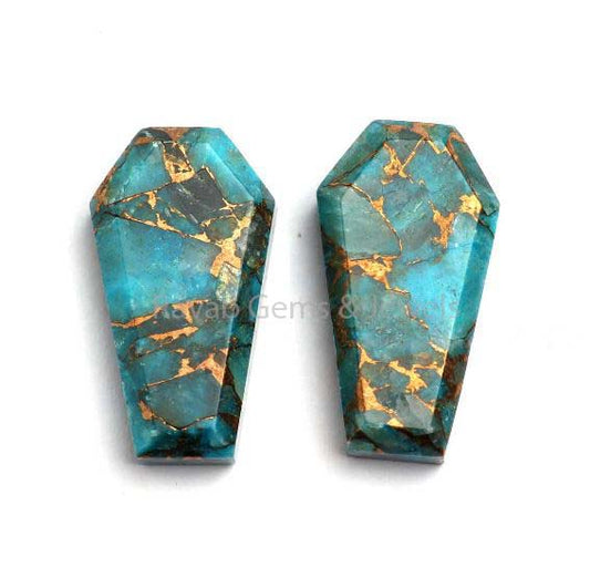 Beautiful Blue Copper Turquoise Coffin Shape Flat Back Cabochon Gemstone For Jewelry, Loose Beads Calibrated Stone For Earrings 2 Pcs Set