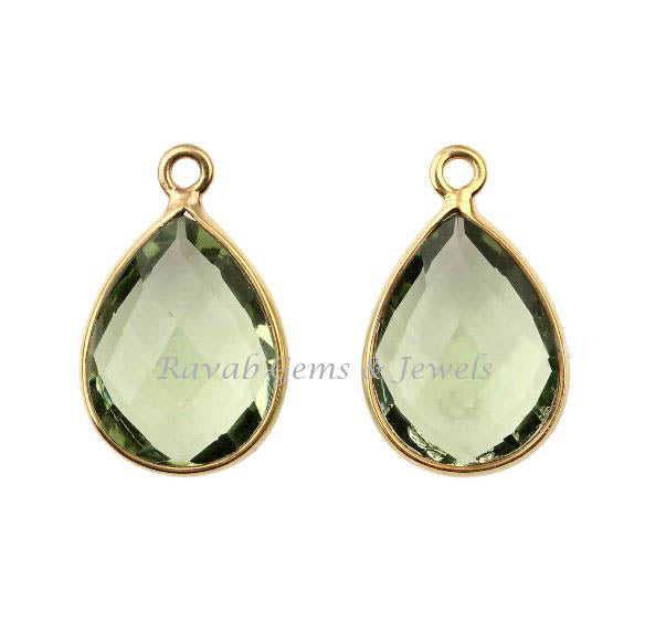 Green Amethyst Quartz Pear 12x16mm Faceted Briolette Gemstone Gold Plated 925 Sterling Silver Charm For Jewelry, Lovely Charms 2 Pcs Set