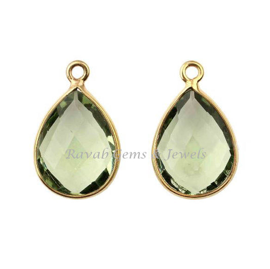 Green Amethyst Quartz Pear 12x16mm Faceted Briolette Gemstone Gold Plated 925 Sterling Silver Charm For Jewelry, Lovely Charms 2 Pcs Set