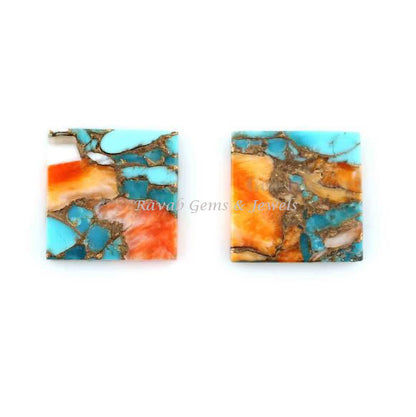 Mohave Copper Oyster Turquoise Square Smooth Flat Gemstone, Calibrated Loose Beads Semi Precious Stone For Jewelry Earring Making 2 Pcs Set