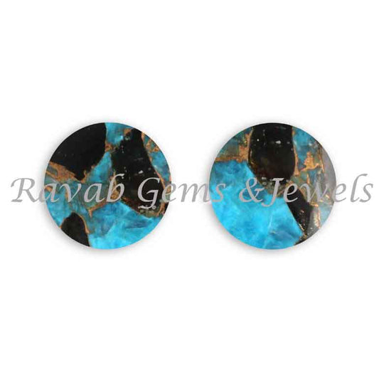 Black Blue Copper Turquoise Round Coin Shape 12mm Flat Gemstone For Jewelry Making, Loose Beads Calibrated Stone For Jewelry 2 Pcs Set