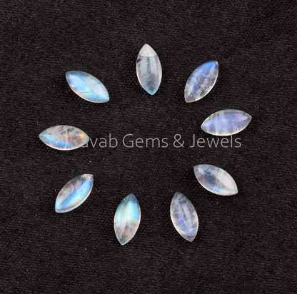 7x14mm Blue Fire Rainbow Moonstone Marquise Shape Smooth Cabochon Gemstone, Calibrated Loose Beads Stone For Jewelry Earring 5 Pcs Set