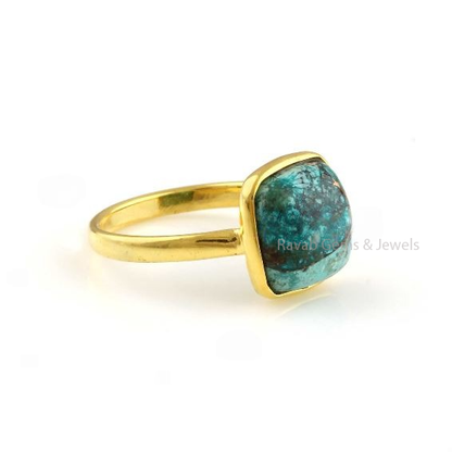 Chrysocolla Copper Cushion Silver Ring, Gold Plated Ring, 12mm Cushion Shape Chrysocolla Copper Gemstone Ring, Engagement Ring For Her