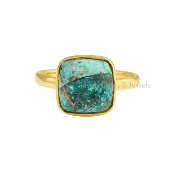 Chrysocolla Copper Cushion Silver Ring, Gold Plated Ring, 12mm Cushion Shape Chrysocolla Copper Gemstone Ring, Engagement Ring For Her