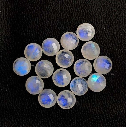 Rainbow Moonstone Round Checker Cut Flat Back Calibrated Gemstone, Loose Beads Semi Precious Stone For Jewelry Earring Pendant 5 Pcs Set