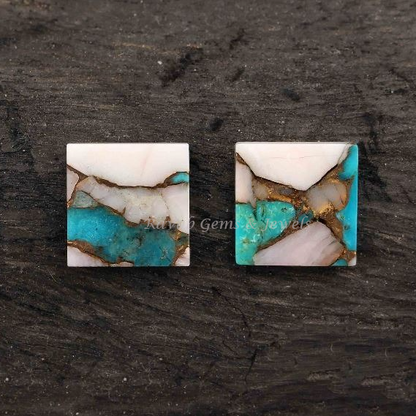 Pink Opal Copper Turquoise Square Calibrated Flat Stone, AAA+ Quality Loose Beads Stone For Jewelry Earring Making 2 Pcs Set All Sizes