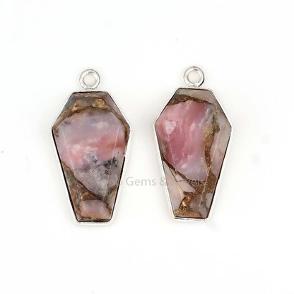 Pink Opal Copper Coffin Gemstone Pendant 925 Sterling Silver Pendant Charm For Jewelry Making, Lovely Pendant Charms 10x17mm 2 PC All Size