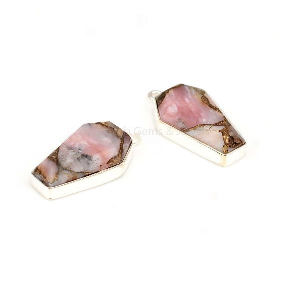 Pink Opal Copper Coffin Gemstone Pendant 925 Sterling Silver Pendant Charm For Jewelry Making, Lovely Pendant Charms 10x17mm 2 PC All Size