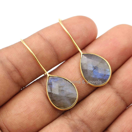 Blue Fire Labradorite Faceted Pear Dangle Gemstone, 12x16mm 925 Sterling Silver Gold Plated Earrings, Engagement Jewelry Earring Gifted