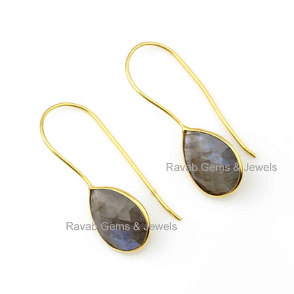 Blue Fire Labradorite Faceted Pear Dangle Gemstone, 12x16mm 925 Sterling Silver Gold Plated Earrings, Engagement Jewelry Earring Gifted