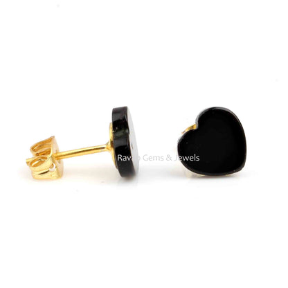 Black Onyx Heart Shape Gemstone Stud Earrings, 925 Sterling Silver Gold Plated Studs, Smooth Flat Calibrated Stone Earrings For Love Gifted