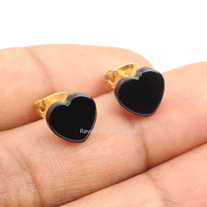 Black Onyx Heart Shape Gemstone Stud Earrings, 925 Sterling Silver Gold Plated Studs, Smooth Flat Calibrated Stone Earrings For Love Gifted