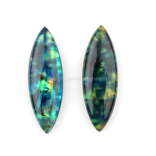 Green Ammolite Quartz Marquise Smooth Cabochons Gemstone, Loose Beads Calibrated Stone For Fancy Jewelry Earring Making 2 Pcs Set 8x25mm