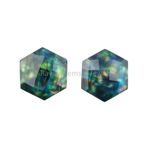 Green Ammolite Doublet Quartz Hexagon Shape 12mm Gemstone, Briolette Cut, Shiny Calibrated Faceted, For Earring Making Stones 2 Pcs Pair Set