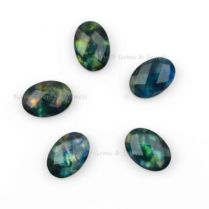 Green Ammolite Oval Shape Faceted Cabochons Gemstone For Jewelry, Loose Beads Calibrated Stone For Jewelry Earring 5 Pcs Set All Sizes