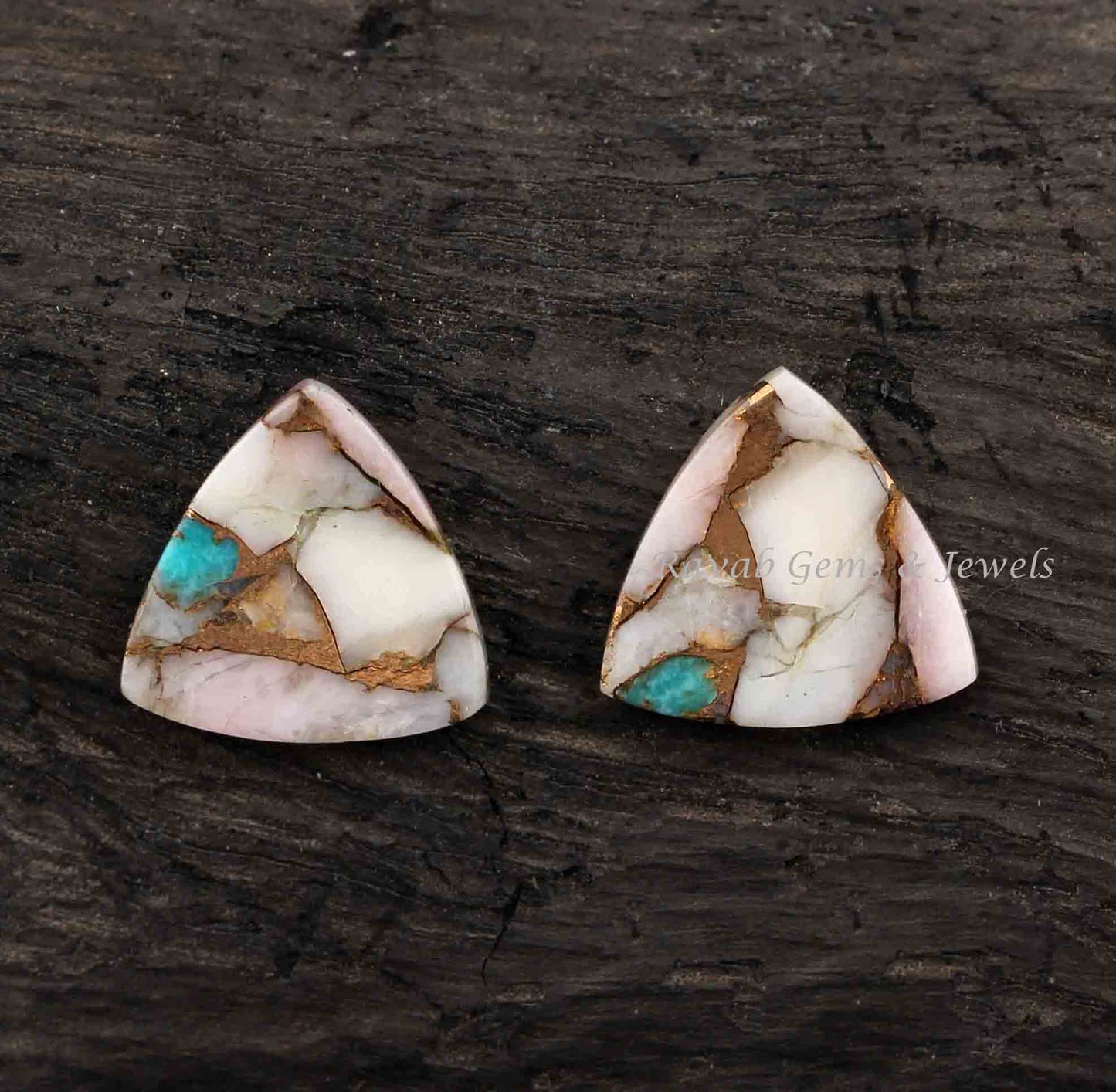 Pink Opal Copper Turquoise Trillion Shape Flat Calibrated Stones, Loose Beads For Jewelry Making, Best Quality Stone For Jewelry 2 Pcs Set