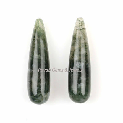 Natural Moss Agate Drops Smooth Gemstone, Calibrated Loose Beads Long Teardrop Semi Precious Stone For Jewelry Earring 8x30mm 2 Pcs Set