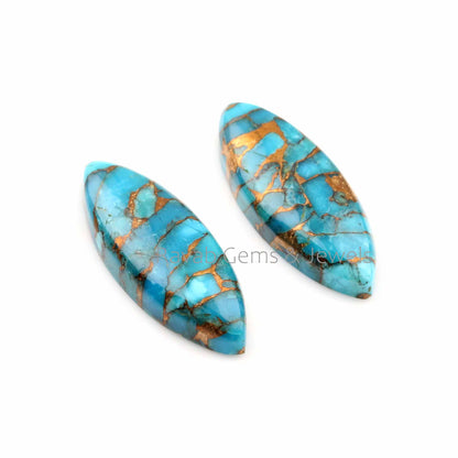 10x31mm Blue Copper Turquoise Long Marquise Flat Gemstone, Loose Beads Calibrated Cabochons For Earring Making Stone 2 Pcs Set Wholesale