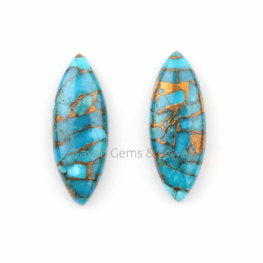 10x31mm Blue Copper Turquoise Long Marquise Flat Gemstone, Loose Beads Calibrated Cabochons For Earring Making Stone 2 Pcs Set Wholesale