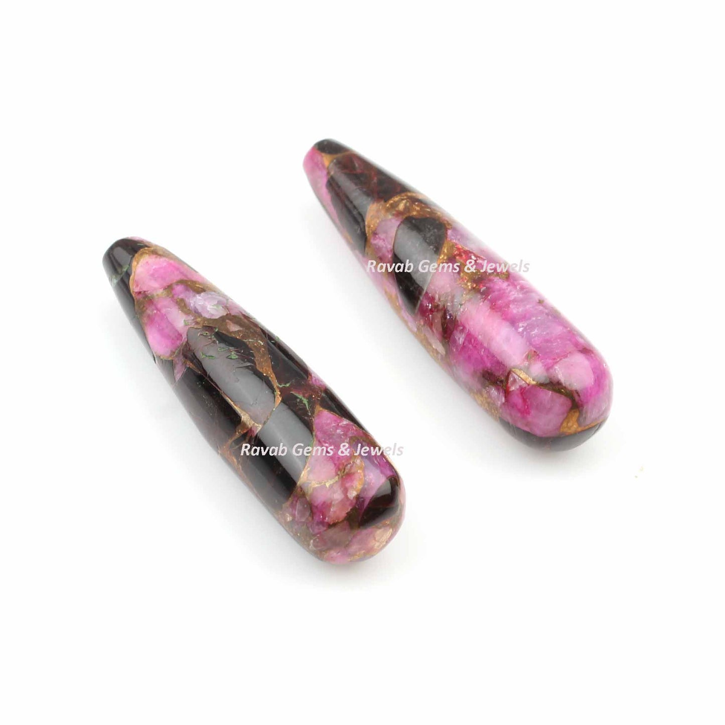 2 Pcs Set Pink & Black Copper Turquoise 9x30mm Drop Smooth Gemstone, Calibrated Teardrop For Jewelry For Earring Making, Wholesale All Sizes