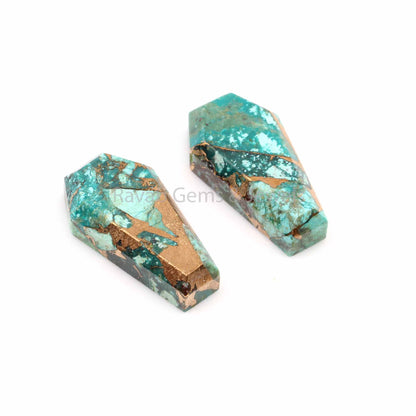 Natural Chrysocolla Copper Coffin Shape 12x22mm Flat Back Gemstone For Jewelry, Loose Beads Calibrated Stone For Matching Earrings 2 Pcs