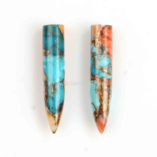 Spiny Oyster Copper Turquoise Long Smooth Bullet Shape Gemstone For Jewelry, Loose Beads Calibrated Stone For Matching Earring 6x30mm 2 Pcs