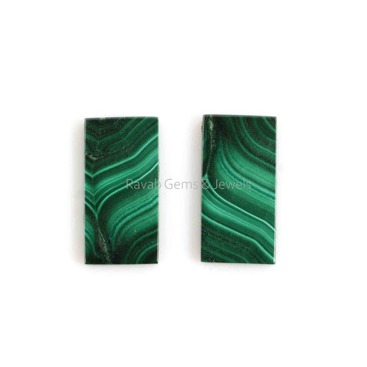 8x16mm Natural Malachite Rectangle Smooth Flat Stones, Malachite Loose Beads Gemstone For Jewelry Earring Ring Necklace Making 2 Pcs Set