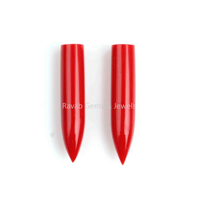 6x30mm Red Coral Long Smooth Bullet Shape Gemstone For Jewelry, Loose Beads Calibrated Stone For Fancy Jewelry Earring Making 2 Pcs