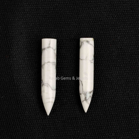 Natural White Howlite Long Smooth Bullet Shape Gemstone For Jewelry, Loose Beads Calibrated Stone For Earrings 6x30mm 2 Pcs Set All Sizes