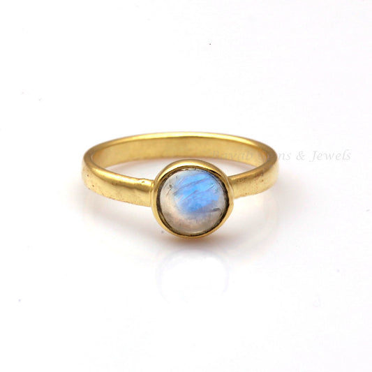 Natural Rainbow Moonstone Ring,Round Cabochon Gemstone Ring,925-Sterling Silver Ring,Boho Ring,Middle Finger Ring, 18k Gold Vermeil Polished