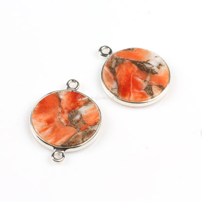 Sponge Coral Copper Round 12mm Smooth Flat Gemstone 925 Sterling Silver Charm Or Connector, Exclusive Pendant Charms ForBridesmaid 1 Pc