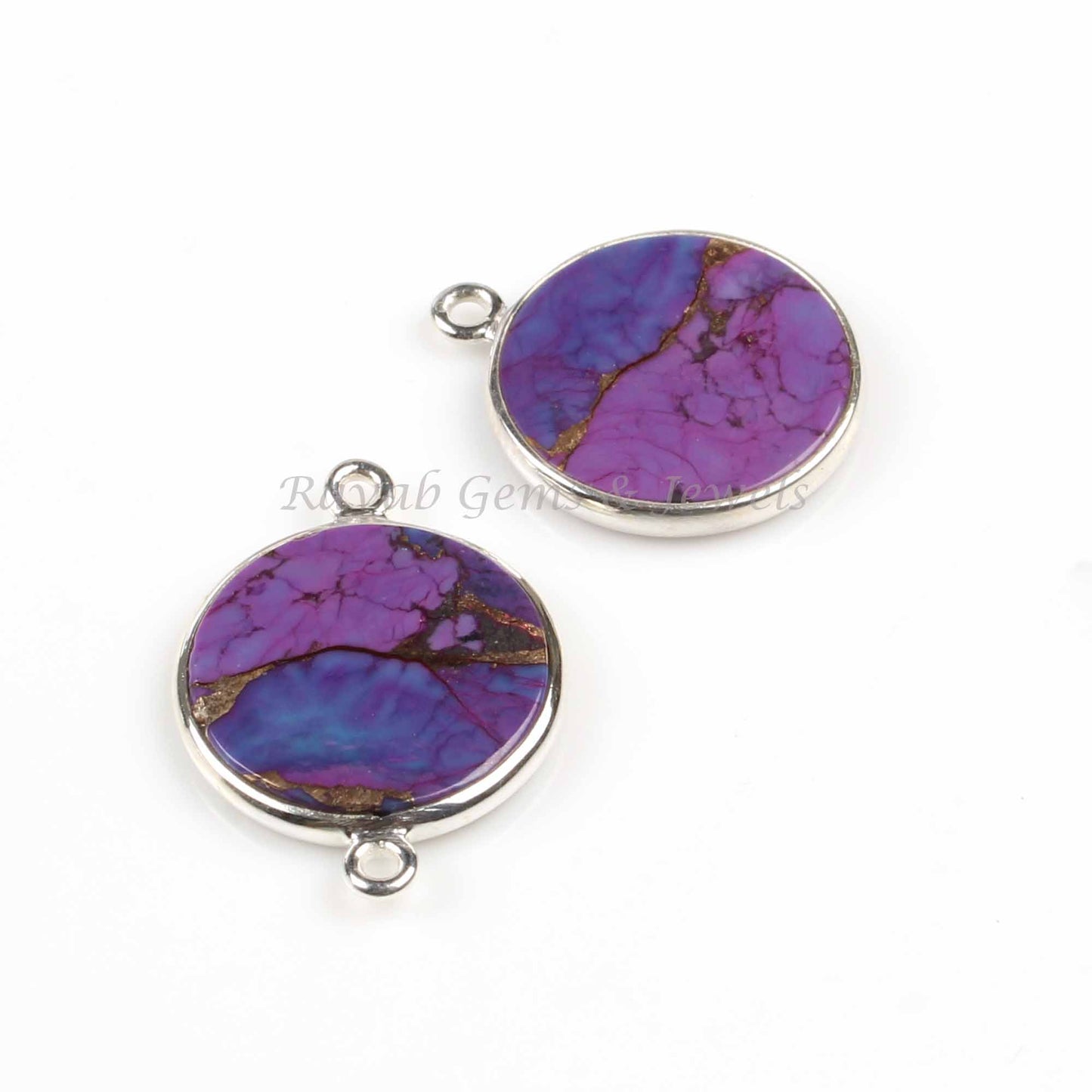 Purple Copper Turquoise 12mm Round Smooth Flat Gemstone 925 Sterling Silver Charm Or Connector, Gemstone Pendant Charms 1 Pcs Wholesale Lot