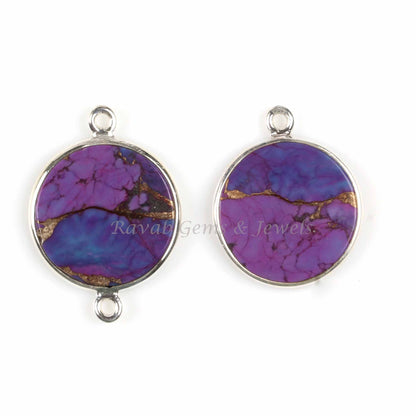 Purple Copper Turquoise 12mm Round Smooth Flat Gemstone 925 Sterling Silver Charm Or Connector, Gemstone Pendant Charms 1 Pcs Wholesale Lot