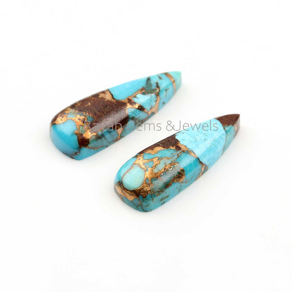 10x28mm Lava Copper Turquoise Long Trillion Flat Back Gemstone, Loose Beads Calibrated Cabochon For Jewelry Earring Making 2 Pcs Set