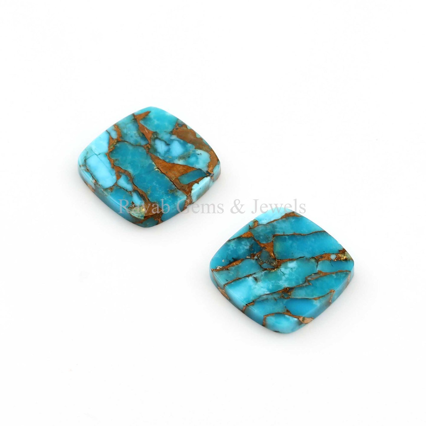 Blue Copper Turquoise Cushion Shape Smooth Flat Gemstone, Loose Beads Calibrated Stone For Fancy Jewelry Earring Making - 2 Pcs Set