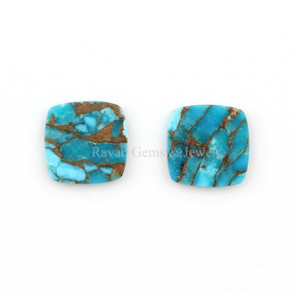 Blue Copper Turquoise Cushion Shape Smooth Flat Gemstone, Loose Beads Calibrated Stone For Fancy Jewelry Earring Making - 2 Pcs Set