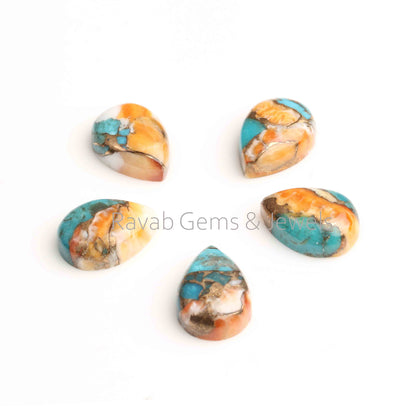 5 Pcs Mohave Copper Turquoise Cabochon Lot, CALIBRATED Pear Mojave Spiny Oyster Turquoise Loose Stone Smooth Gemstone Cabochon For Jewelry