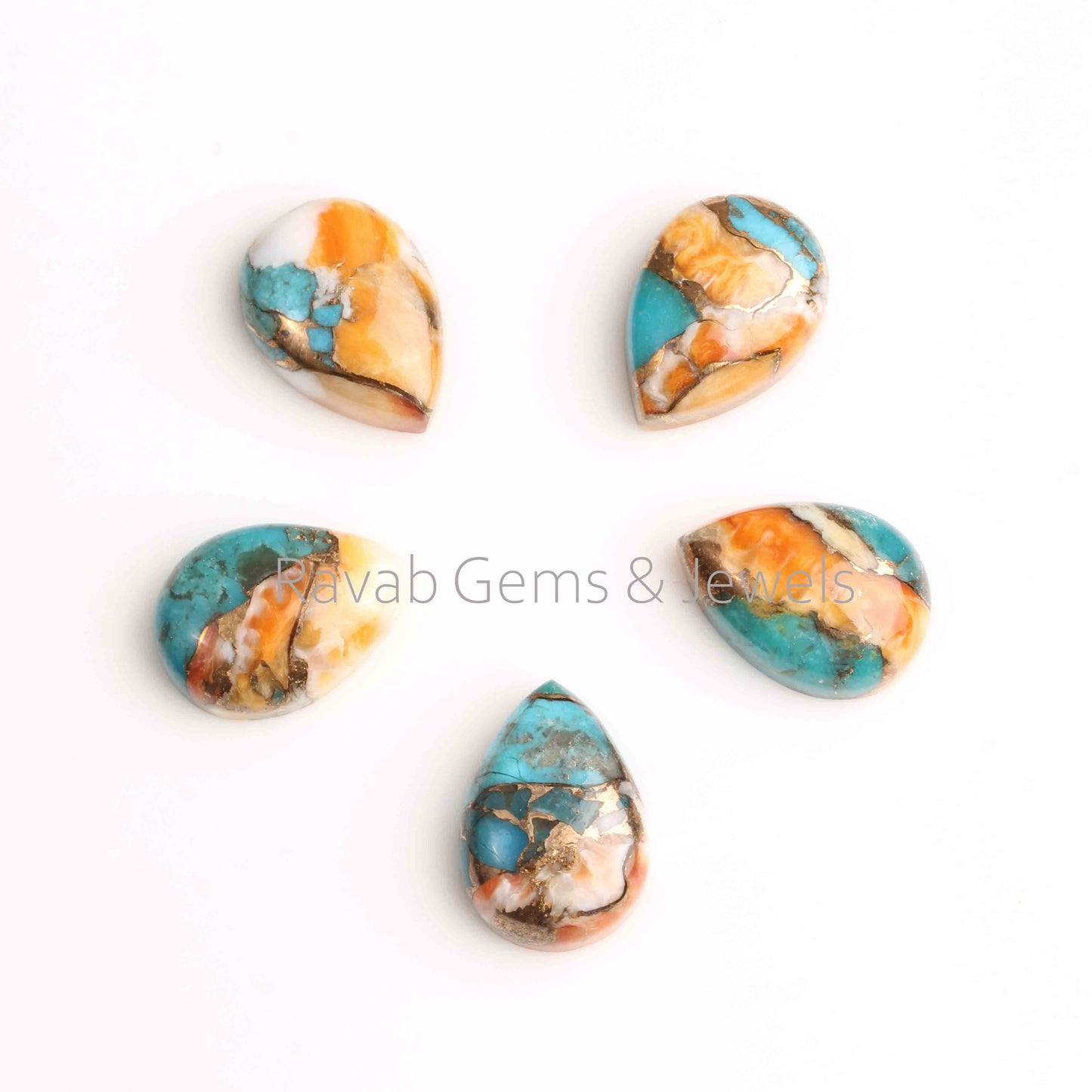 5 Pcs Mohave Copper Turquoise Cabochon Lot, CALIBRATED Pear Mojave Spiny Oyster Turquoise Loose Stone Smooth Gemstone Cabochon For Jewelry