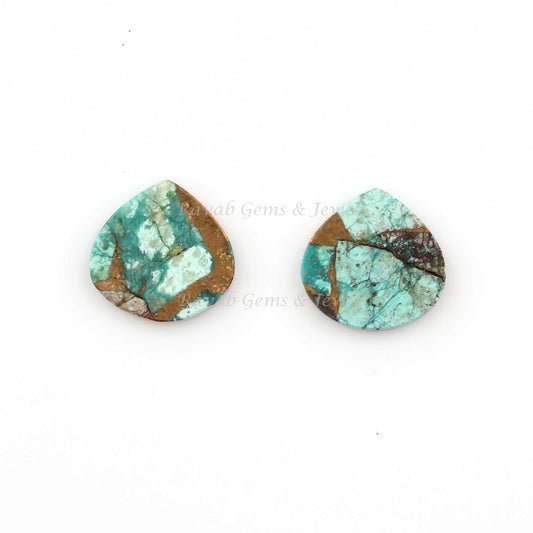 Chrysocolla Copper 12mm Heart Shape Flat Gemstone, Loose Gemstone Flat Jewelry Making, Earring Pendant Matching Pair - 2 Pcs Set