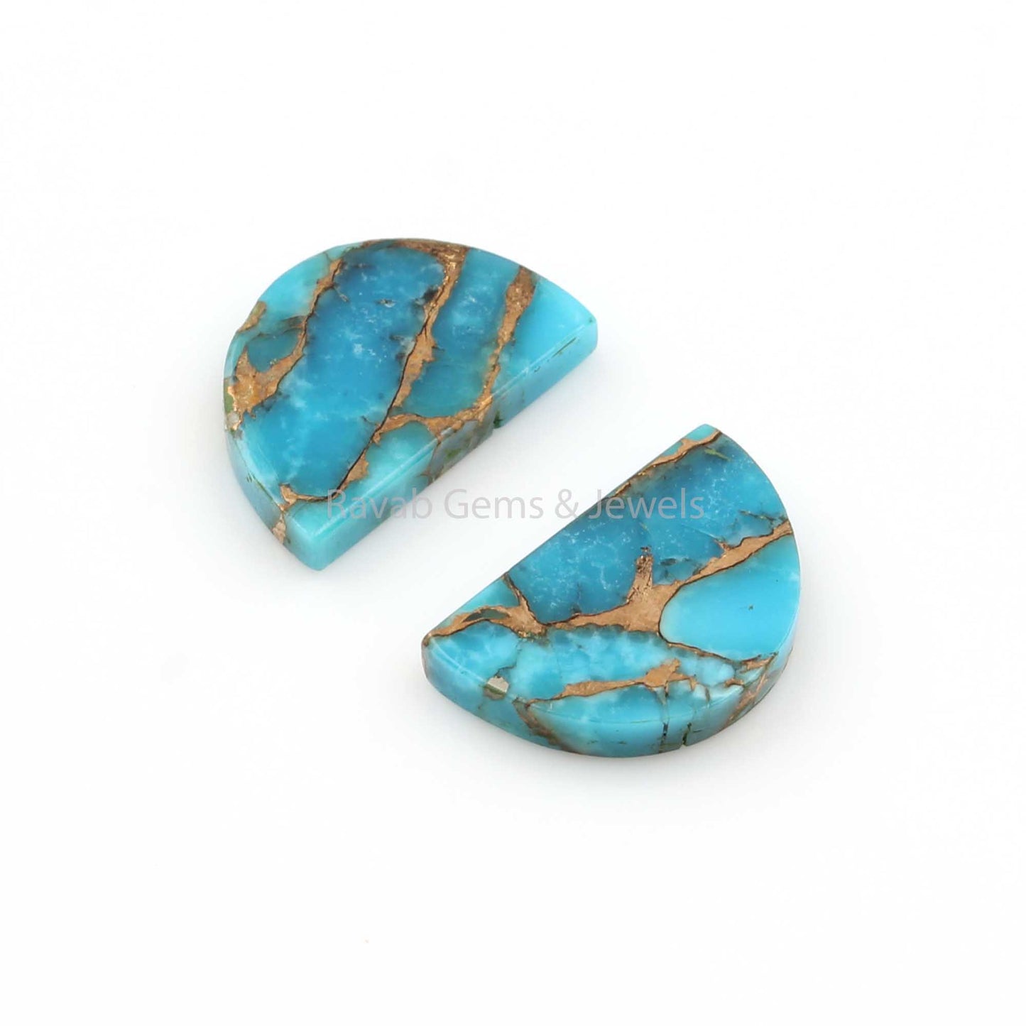 Blue Copper Turquoise 'D' Half Moon Shape, Both Side Flat Gemstone For Jewelry Earring Making Stones, Loose Beads Calibrated Stone 2 Pc Set