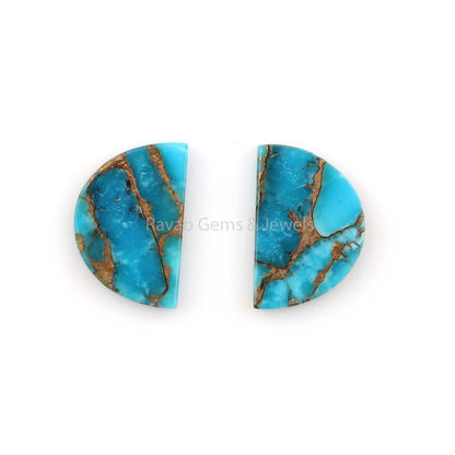 Blue Copper Turquoise 'D' Half Moon Shape, Both Side Flat Gemstone For Jewelry Earring Making Stones, Loose Beads Calibrated Stone 2 Pc Set